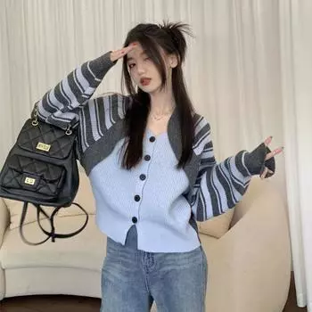 Повседневный полосатый лоскутный свитер из двух предметов с длинными рукавами и v-образным вырезом для женщин, весенний винтажный универсальный вязаный кардиган, топ