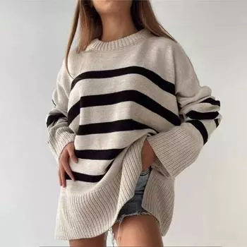 Повседневный полосатый свитер женский элегантный водолазка контрастный длинный рукав женские пуловеры осень зима мода женский трикотаж L верблюд