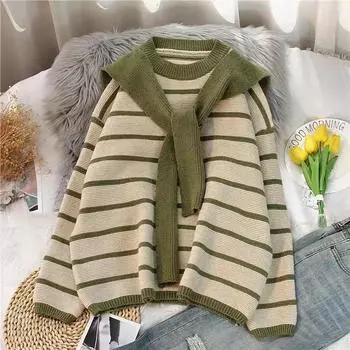 Повседневный полосатый свитер, женский пуловер, свободный и ленивый, осень/зима, с круглым вырезом, вязаный свитер в студенческом стиле, пуловер, женские топы