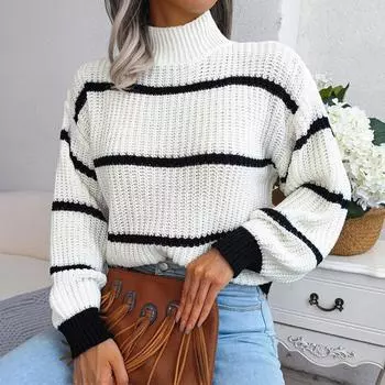 Повседневный полосатый свитер, женский свободный вязаный топ с рукавами-фонариками, полуводолазка S хаки