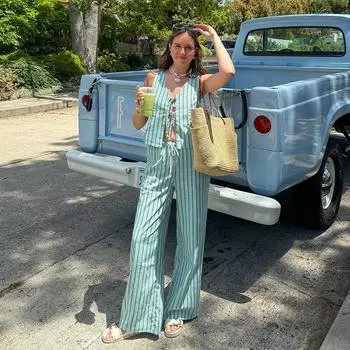 Повседневный полосатый жилет со шнуровкой и брюками, комплект из 2 предметов для женщин, лето 2024 г., топ с V-образным вырезом и широкими брюками с высокой талией, шикарный женский комплект из 2 предметов S зелёный