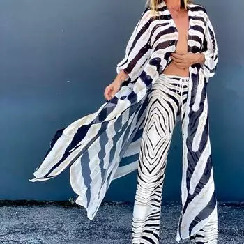 Повседневный праздничный шифоновый кардиган, чехол 2023 года, летняя блузка с коротким рукавом и принтом, удобная солнцезащитная пляжная сексуальная защита от солнца 25777 S бежевый