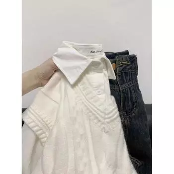 Повседневный Преппи Стиль Жилет Бандажное Платье Жилет Свитер White vest S [Suggested 37.50 kg-45.00 kg]]