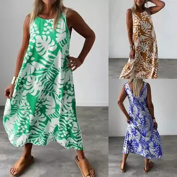 Повседневный принт А-силуэта Длинные платья Женская мода V-образный вырез без рукавов спинки Vestidos Robe Летнее сексуальное пляжное праздничное платье S оранжевый/жёлтый