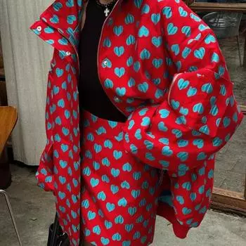 Повседневный принт хлопковое пальто женское с длинным рукавом воротник стойка молния карман куртка в форме сердца узор новый модный топ осень зима S розовый