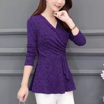 Повседневный приталенный женский топ больших размеров с длинным рукавом, Blusa с v-образным вырезом, фиолетовые, красные цветы, женская блузка, рубашка L чёрный