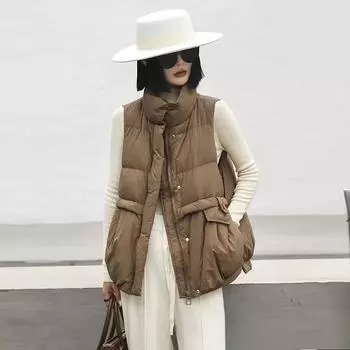 Повседневный пуховый жилет женская верхняя одежда 2024 осень и зима короткий, легкий и тонкий воротник-стойка теплый жилет прилив S