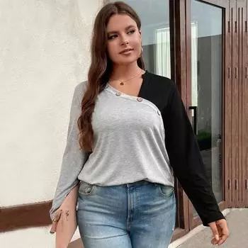 Повседневный пуловер с пуговицами Женская шикарная футболка с длинным рукавом с эластичной резинкой на талии Укороченный топ больших размеров Свободный укороченный топ в стиле пэчворк Пригородный укороченный топ XL серый