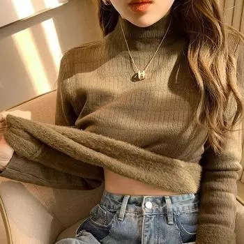 Повседневный пуловер, вязаные толстые свитера, осенне-зимние топы с длинными рукавами, джемпер, плюшевый женский свитер с половиной воротника 29477 One Size абрикосовый
