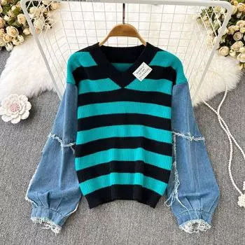 Повседневный ретро темпераментный свободный свитер в полоску с v-образным вырезом, женский осенне-зимний дизайн, маленькая джинсовая вязаная куртка с вышивкой