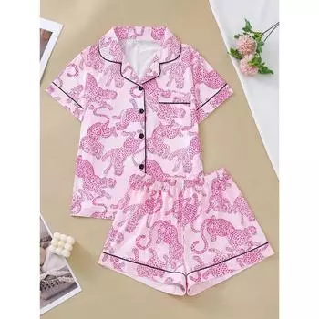 Повседневный розовый пижамный комплект с леопардовым принтом для женщин, топ с короткими рукавами и мешковатые шорты, домашняя одежда для женщин S розовый