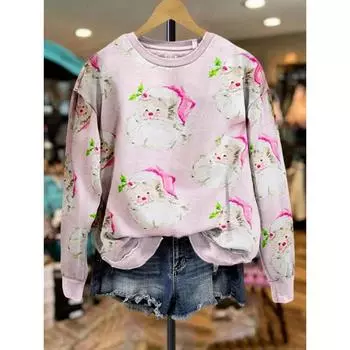 Повседневный Санта-Клаус Контрастный принт Толстовка Топы Длинные рукава Круглый вырез Пуловеры Женская рождественская вечеринка Одежда S