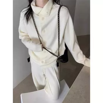 Повседневный серый модный трикотажный костюм для женщин, новый осенне-зимний корейский вариант свободных и ленивых открытых брюк с широкими штанинами, комплект из двух предметов S бежевый