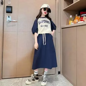 Повседневный школьный костюм для девочек, летняя спортивная одежда с короткими рукавами + юбка, комплект из 2 предметов 170 синий