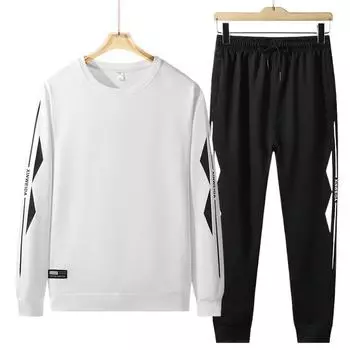 Повседневный спортивный комплект мужской осенне-зимний мужской корейский выпуск повседневный круглый вырез универсальный комплект из двух предметов 8XL белый