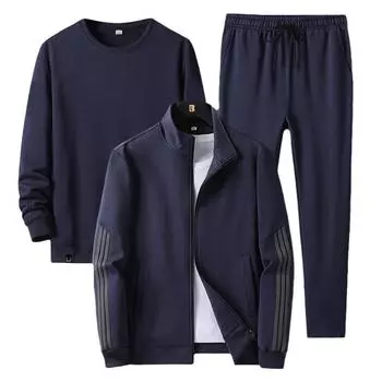 Повседневный спортивный костюм для мужчин среднего и пожилого возраста, весна-осень, свободный комплект из трех предметов большого размера 8XL чёрный