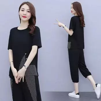 Повседневный спортивный костюм для женщин, свободная женская одежда большого размера, чтобы выглядеть стройнее, летняя одежда, новые укороченные женские брюки с короткими рукавами, комплект из двух предметов M чёрный