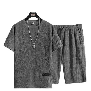 Повседневный спортивный костюм, Мужская летняя льняная футболка из ледяного шелка с короткими рукавами, шорты, мужская одежда L