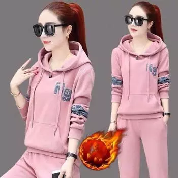 Повседневный спортивный костюм женский осенне-зимний корейский модный свободный плюшевый утолщенный топ с капюшоном комплект из двух частей 3XL чёрный