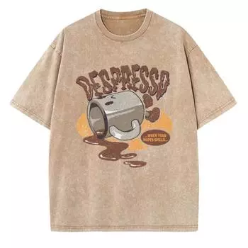 Повседневный стиль Мультяшный принт кофейной чашки Женская футболка Свободная стирка Популярная футболка с коротким рукавом Унисекс Милый состаренный топ для мужчин S