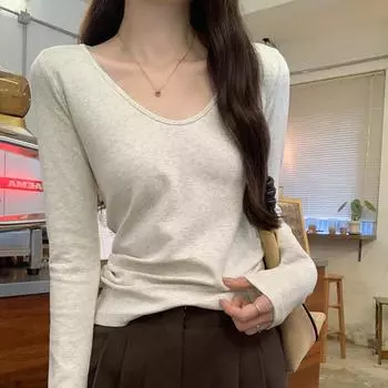 Повседневный стиль, новая белая футболка с U-образным вырезом и длинными рукавами, женская, начало осени, новый облегающий топ, тренд S