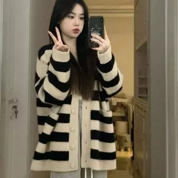 Повседневный свитер-кардиган, новинка 2023 года, весенняя одежда, корейский свободный свитер с напуском и v-образным вырезом, полосатый вязаный кардиган, свитер, пальто, женский топ One Size чёрный