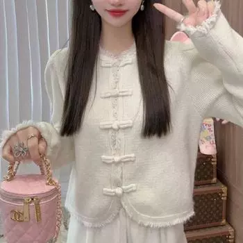 Повседневный свитер Liusu, женский кардиган, осень-зима 2023, маленький короткий однотонный вязаный свитер с длинными рукавами и v-образным вырезом, женское пальто One Size розовый