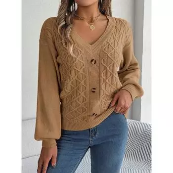 Повседневный свитер с длинным рукавом и пуговицами из жареного теста с переплетениями S хаки