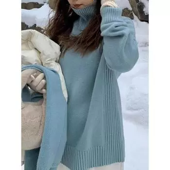 Повседневный свитер с длинным рукавом и высоким воротом для женщин, модный толстый осенне-зимний свободный облегающий базовый свитер, топы, женские элегантные джемперы 25442 One Size синий