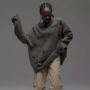 Повседневный свитер с дырками и круглым вырезом, женский осенне-зимний свободный трикотажный жакет с длинными рукавами One Size чёрный