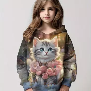 Повседневный свитер с принтом «Китти, держащая цветы» для девочек, с длинным рукавом, свободный тонкий свитер с капюшоном, детские топы, подарок на вечеринку 100