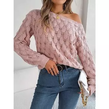 Повседневный свитер с вырезом «лодочка» и открытыми плечами, с объемными рукавами и перьями S розовый