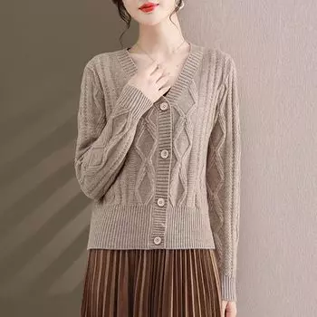 Повседневный свитер, вязаный кардиган, женский весенний кардиган в Корейском стиле с v-образным вырезом 2023, однотонный вязаный топ с длинными рукавами, кардиган-иностранец, женское пальто