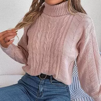 Повседневный свитер, женская водолазка, вязаный пуловер с длинными рукавами и топом S розовый
