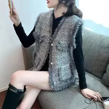 Повседневный свитер, жилет, кардиган, женский осенне-зимний свитер без рукавов, корейская версия, свободный свитер с v-образным вырезом и кисточками, женский кардиган, жилет One Size бежевый