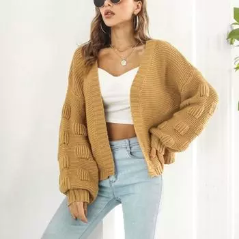 Повседневный свободный кардиган, женский осенне-зимний вязаный топ с длинными рукавами-фонариками, модный свитер с открытой вышивкой, пальто, однотонная одежда 28591 One Size зелёный