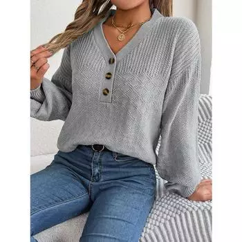 Повседневный свободный пуловер с v-образным вырезом на пуговицах и рукавами-фонариками S белый