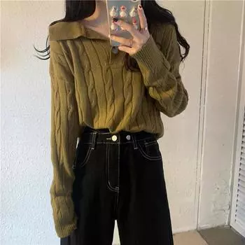 Повседневный свободный ретро-свитер с воротником-поло, женский, осень и зима, новый ленивый ветровой свитер, твист, топ с длинными рукавами, прилив One Size абрикосовый