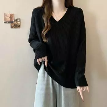 Повседневный свободный тонкий однотонный свитер с V-образным вырезом, женский универсальный свитер с разрезом, осенне-зимний, The Belly Base S темно-коричневого