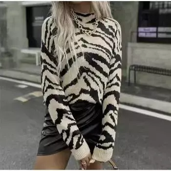 Повседневный свободный трикотажный леопардовый принт пуловеры осень зима женский свитер новый О-образный вырез полный рукав пуловер S хаки