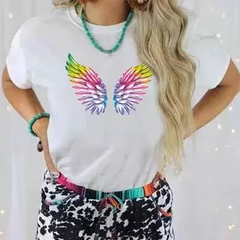 Повседневный свободный уличный наряд, летняя 3D футболка, новый топ с короткими рукавами и принтом перьев, женская футболка, пуловер с круглым вырезом и круглым вырезом XS