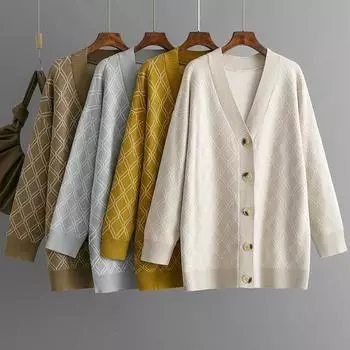 Повседневный свободный вязаный кардиган с принтом в клетку для женщин, мягкий кардиган с V-образным вырезом и длинным рукавом на пуговицах, модное простое удобное пальто-свитер