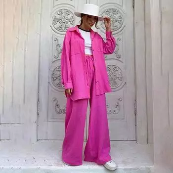 Повседневный свободный женский пижамный комплект из двух частей, модный комплект с длинными рукавами и широкими брюками, пижамы для женщин, комплекты со шнуровкой S оранжевый