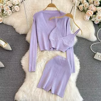 Повседневный темпераментный вязаный кардиган с v-образным вырезом и длинными рукавами, пальто, камзол, широкие шорты, модный женский костюм