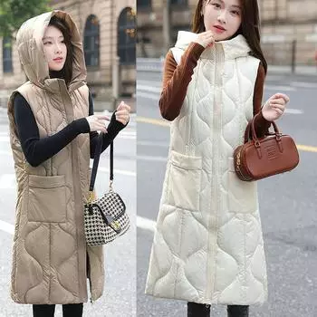 Повседневный теплый жилет без рукавов, пальто, длинный пуховик из хлопка, однотонный с капюшоном, утепленные парки, свободные женские корейские зимние жилеты M чёрный