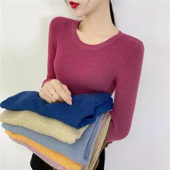 Повседневный тонкий однотонный женский свитер с круглым вырезом, пуловер, вязаный базовый зеленый топ, эластичный вязаный джемпер, осенне-зимний свитер one size чёрный
