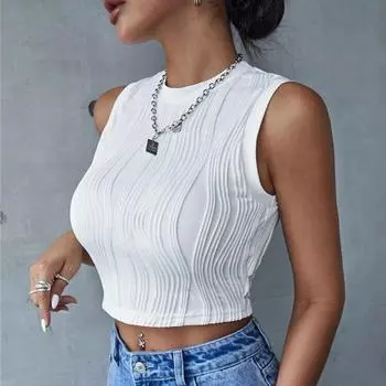 Повседневный топ без рукавов из трикотажной резинки для женщин, лето 2020 года, уличный стиль, корейская мода, воротник-стойка, облегающий укороченный топ, уличная одежда 2024 S чёрный