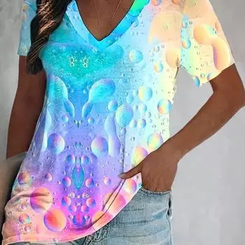 Повседневный топ больших размеров, женская футболка размера плюс с ярким пузырчатым принтом, с коротким рукавом, V-образным вырезом, слегка эластичная футболка S