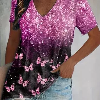 Повседневный топ больших размеров, женская футболка больших размеров с цветными блоками и принтом бабочки, с коротким рукавом, V-образным вырезом, слегка эластичная футболка S