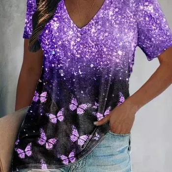 Повседневный топ больших размеров, женская футболка больших размеров с цветными блоками и принтом бабочки, с коротким рукавом, V-образным вырезом, слегка эластичная футболка XS